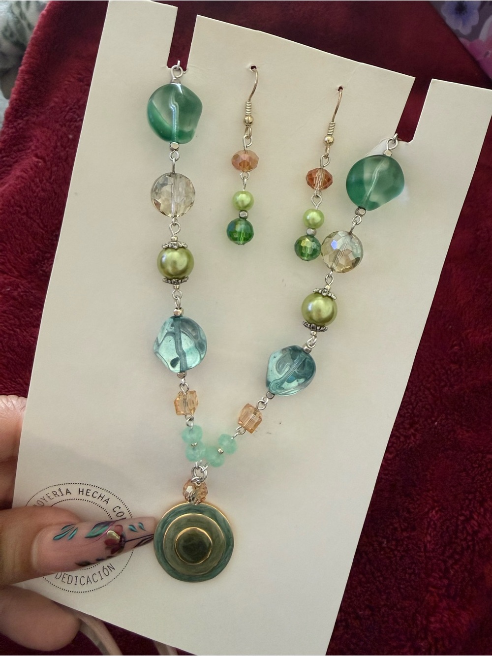 Handmade Green Glass Pendant Necklace & Earrings Set